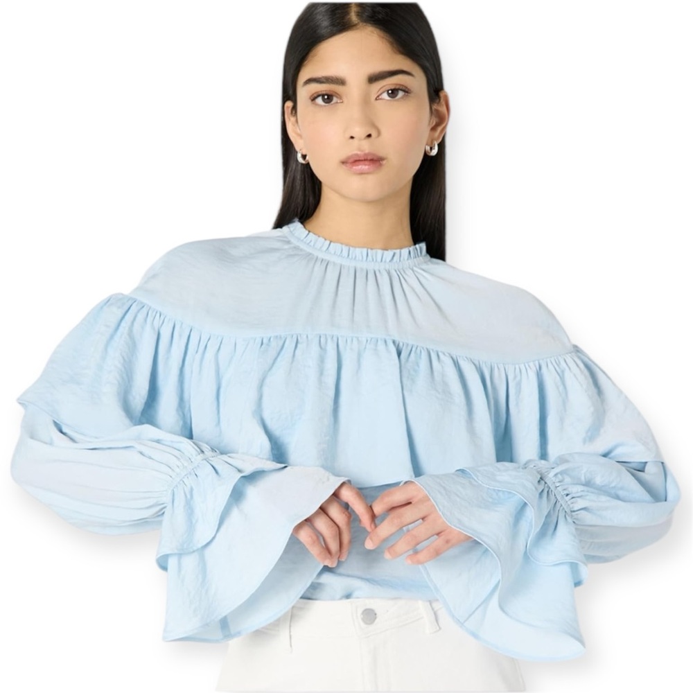 The Drop Miriam Feminine Ruffle Yoke Shine Blouse Skyway Baby Blue Large L NWT